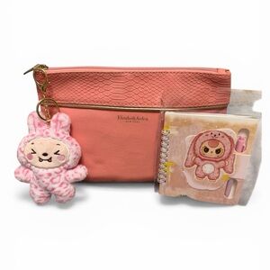 Elizabeth Arden Coral Pink Cosmetic Pouch with Plush bag Charm & notepad w/pen